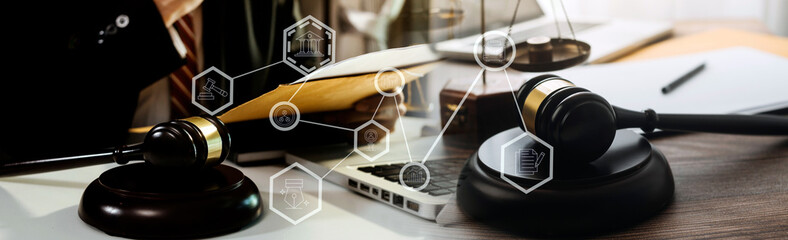 Business and lawyers discussing contract papers with brass scale on desk in office. Law, legal services, advice, justice and law concept picture with film grain effect