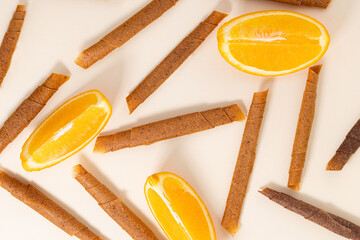 fruit roll up with orange top view. Pattern of fruit pastille. Vegan homemade sweets