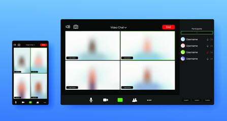 Video call app interface. Zoom Screen. Online conference application responsive screen. Distant voice chat. Remote team communication. Web and mobile software. Vector illustration.