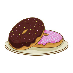 Two colorful frosted doughnuts on a plate, isolated on a white background. Vector illustration in cartoon flat style.