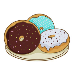 Three colorful frosted doughnuts on a plate, isolated on a white background. Vector illustration in cartoon flat style.