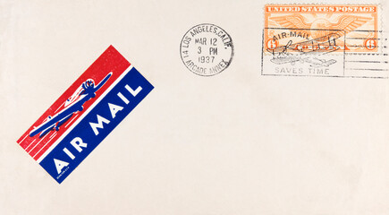 luftpost airmail air mail briefumschlag envelope briefmarke stamp vintage retro alt old flugzeug plane usa amerika america los angeles 1937 slogan werbung saves time globe wings flügel orange