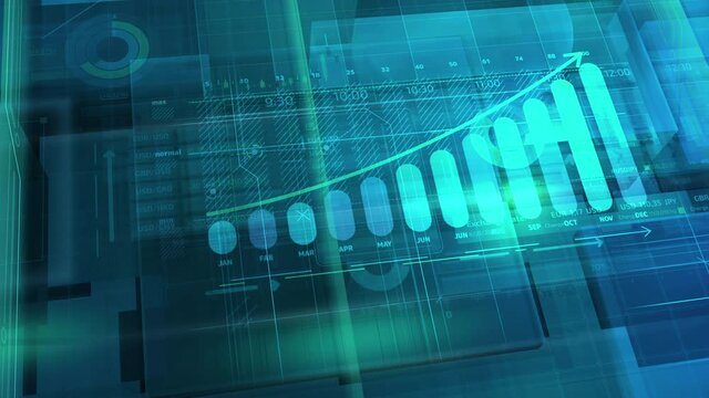 An array of abstract infographics with a growth graph in the center.