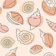 Seamless pattern with doodle shells. Vector illustration for prints, textures, fabric, sets of bed-linen, clothes, summer bags, etc