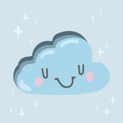 Cute Happy Cloud. Vector illustration in kawaii cartoon style.  Suitable for fabric, print, card, sticker and design products.