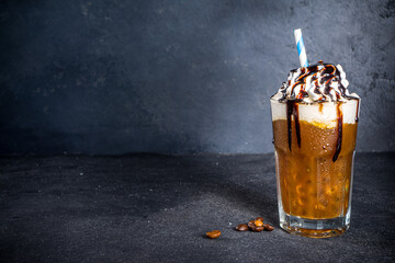 Set with different iced summer coffee drinks - espresso, frappe, latte, cappuccino, with whipped...