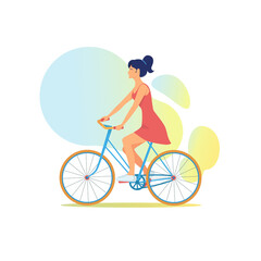 Beautiful girl in summer dress rides multicolored bicycle. Slender young woman pedals on bright bicycle. Adorable female bicyclist. Summer, warm day, rest. Cute vector illustration in flat style