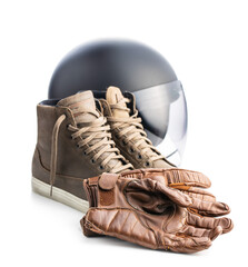 Safety motorcycle accessories. Leather gloves, helmet and shoes