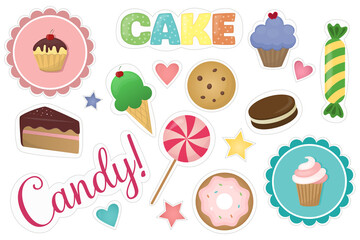 Stickers of sweets, cakes, cupcakes, candies