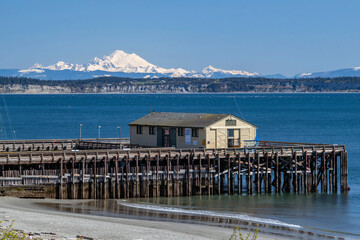 Mount Baker and a old pier view in Port Townsend, Washington  - 428880891
