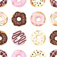 Donuts seamless pattern in glaze. Vector illustration isolated on a white background.