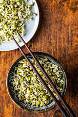 Sprouted green mung beans. Mung sprouts in bowl.