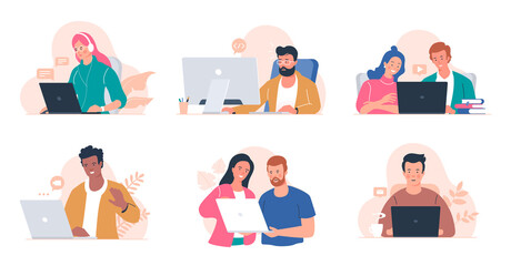 People working at the computer. Men and women with laptop - freelance, online training, email checking, webinar. Young people in the office. Remote work. Illustration collection isolated on white.