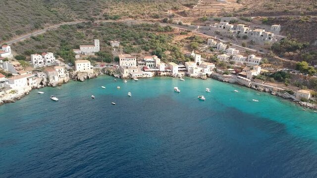 Iconic aerial view over the picturesque famous Limeni village in Mani area Laconia, Greece