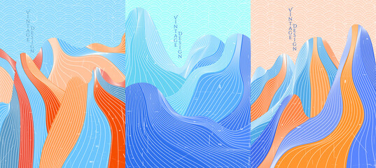Vector illustration landscape set. Hills and mountains. Linear wavy pattern. Striped color background. Asian style. Design for poster, book cover, layout, brochure, gift card, magazine, postcard