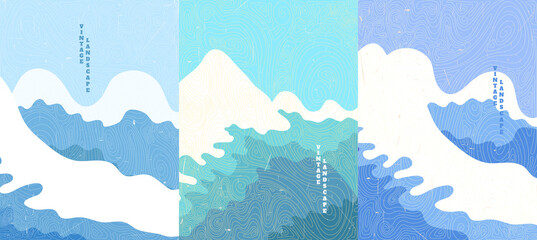 Vector illustration landscape. Wood surface texture.Arctic mountains. Japanese wave pattern. Cartoon background. Asian style. Design for poster, book cover, web template, brochure, layout, flyer © VVadi4ka