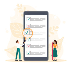 People filling online survey form on mobile screen. Tiny person with magnifying glass nearby giant checklist. Customer feedback, service rate. Flat vector illustration