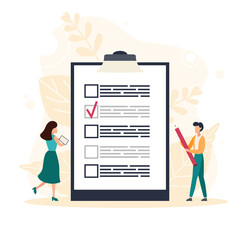 Complete checklist and check mark ticks. Man holding pencil while looking at a completed checklist on a clipboard. Flat vector illustration