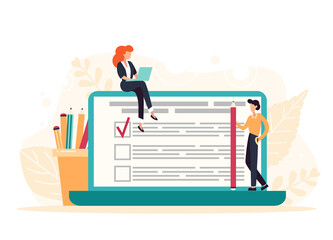 Character filling online survey form on huge laptop screen. Business concept with tiny people. Internet questionnaire form. Flat vector illustration