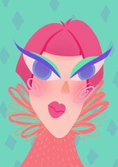 Art portrait of lady with pink hair and big eyes. Flat poster portrait.