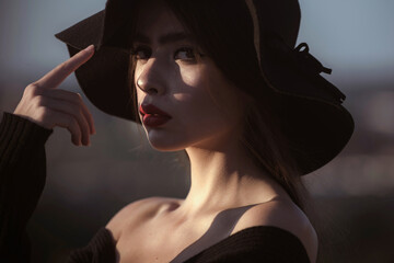 Hot summer girl beauty lady wear fashion hat. Romantic model woman with style fashion accessory. Closeup portrait of girl with sensual face. Light and shadow.