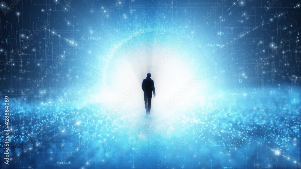 Poster man walks in a shining artificial intelligence digital cyberspace network.