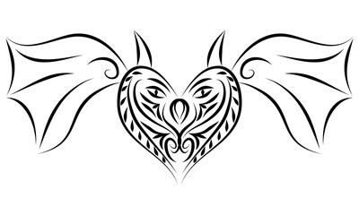 Stylized black and white heart qith ornament bat wings and ears.