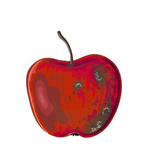 Red rotten apple in cartoon style. Stock vector illustration isolated on a white background.