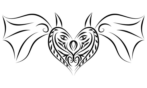Stylized black and white heart qith ornament bat wings and ears.
