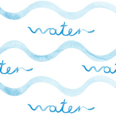 Waves and the letters WATER isolated on a white background of blue color. Watercolour. The pattern. Texture. Wallpaper. Print.