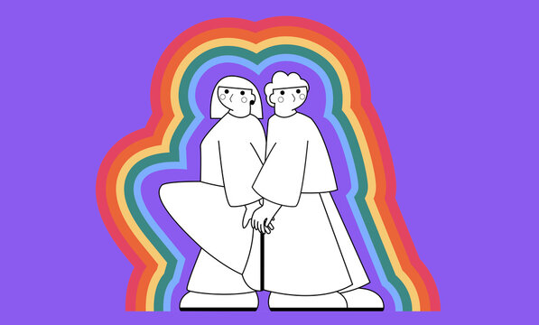 Retrato abstracto de pareja de amigos LGTBQ sujet&aacute;ndose las manos espalda con espalda con fondo de arco&iacute;ris