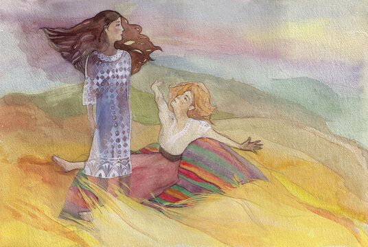 Hand drawn watercolor picture of girls in the field