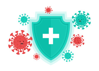 Vector illustration of immune system with medical shield protection. Bacterial and virus defense concept. Isolated on white background.
