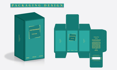 Luxury Perfume Packaging Box Design, 3d Box die line, Box Mockup labels, frames and Design elements, 3d Illustration, Vector design Template.