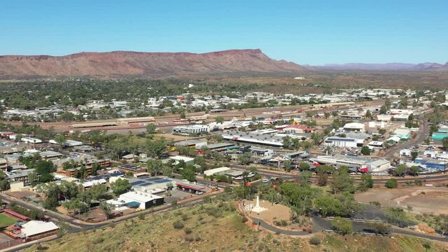 2020 - Excellent aerial shot of the Anzac memorial and the surrounding residential area in Alice Springs, Australia.