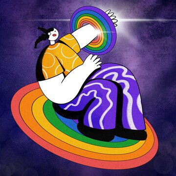 Retrato abstracto de chica LGBTQ en el espacio sobre un arcoíris.