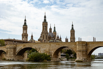 landscape Nuestra Señora del Pilar Cathedral Basilica view from the Ebro River in a spring day