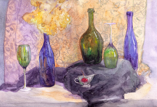 Hand-drawn watercolor still life with blue bottles and green glasses