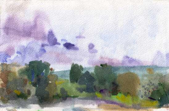 Hand-drawn acarel landscape, picture of a view of the field behind the trees
