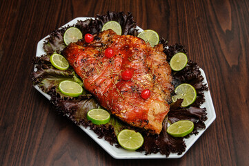 meat dish with decorative lettuce leaves