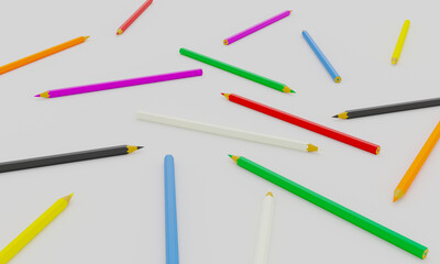 Pencils in yellow orange red violet blue green white black 3D render