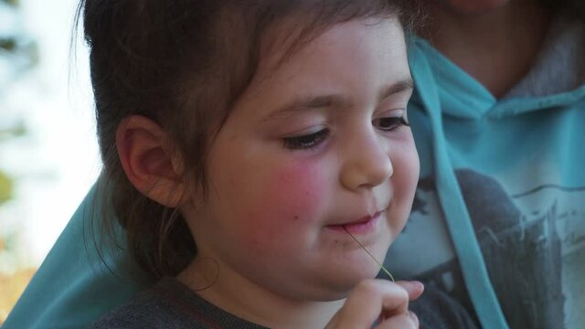 Extremly close up. Happy little dark hair and rosy cheeks girl smiling with mother browsing serfing network with mobilephone during sunset on camping vacation. Concept of nature quality family time
