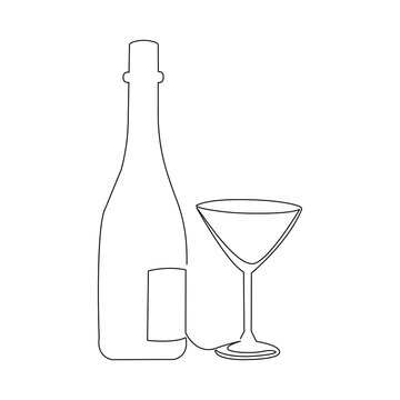 Drawing a continuous line. Whiskey bottle and glass on white isolated background. Linear style icon.illustration