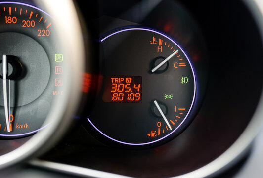 Modern Car Red Blue Illuminated Dashboard With Vehicle Mileage