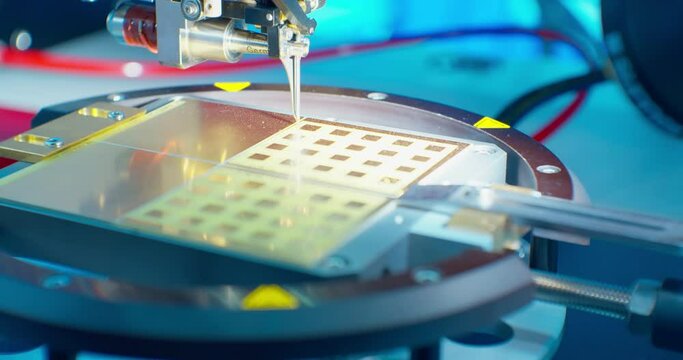 Modern high-tech industrial equipment. An industrial robot processes an electronic microcircuit. Close-up shot of the technological process.