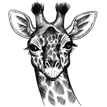 Hand drawn vector portrait of giraffe isolated on white background. Stock illustration of wild Africa animal.