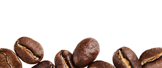 Freshly roasted coffee close-up on an isolated white background. Banner with a place for the text.