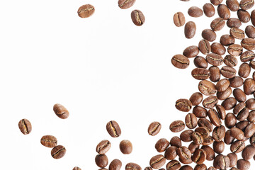 Brown roast, Dark aromatic roasts beans coffee on white background with copyspace.