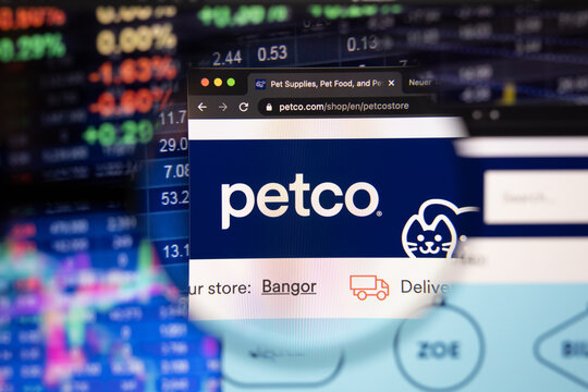 Petco company logo on a website with blurry stock market developments in the background, seen on a computer screen through a magnifying glass