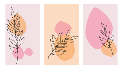 Set of abstract vertical background with tropical leaves palm in one line style. Background for minimalistic style. Vector illustration